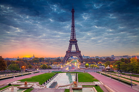 Айфелова кула, Париж, Франция, разсъмване, Франция, Париж, панорама, Айфелова кула, HD тапет HD wallpaper