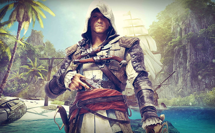 Assassins Creed Black Flag - إدوارد كينواي ، رسم توضيحي لشخصية بغطاء رأس رمادي للرجال ، ألعاب ، Assassin's Creed ، إدوارد كينواي ، علم قاتل كريد أسود، خلفية HD