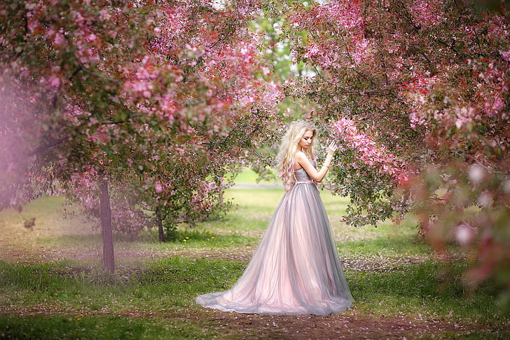 момиче, дървета, настроение, пролет, градина, рокля, цъфтеж, Оксана Митина, HD тапет