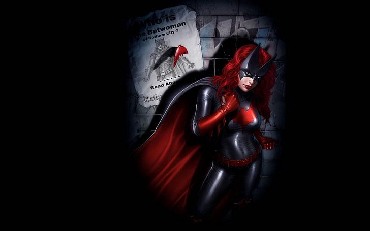 анимационная виньетка с фотографией женщины в черном и красном костюме Бэтмена, Бэтмен, супергероини, HD обои