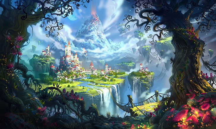 Ilustración de castillo blanco y marrón, castillo, The Wormworld Saga, Suicune, isla flotante, arte de fantasía, ciudad de fantasía, Fondo de pantalla HD