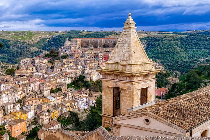 building, tower, home, Italy, panorama, Sicily, Ragusa, HD wallpaper