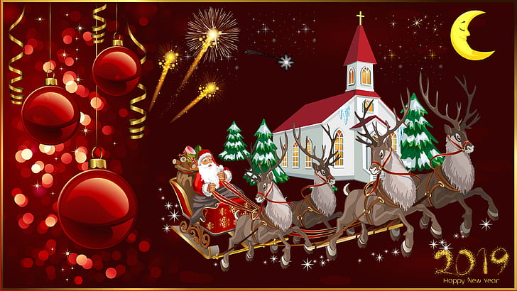 Selamat Tahun Baru 2019 Selamat Natal Kartu Ucapan Santa Claus Dan Rusa Gereja Natal Dekorasi Kembang Api Bulan Hd Desktop Wallpaper Untuk Komputer Laptop Tablet Dan Ponsel, Wallpaper HD