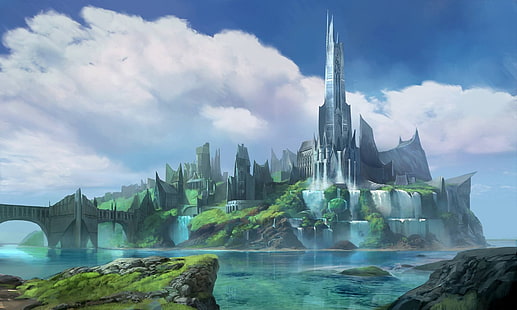 fantazyjny zamek, most, krajobraz, wodospady, Fantasy, Tapety HD HD wallpaper