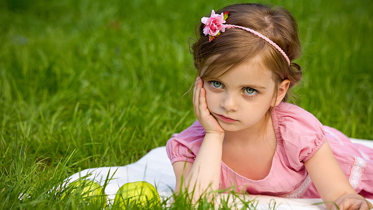 girl's pink dress, girl, child, apples, grass, lie, discontent, HD wallpaper