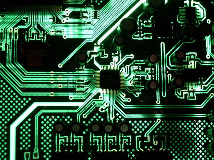 glowing, green, lights, motherboard, motherboards, schematic, technology, HD wallpaper