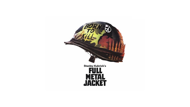 black and green nutshell helmet with text overlay, Full Metal Jacket, movie poster, Stanley Kubrick, Vietnam War, peace sign, helmet, HD wallpaper