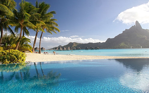 Tropical, resort, palmeras, piscina, mar, tropical, Resort, palmeras, árboles, piscina, mar, Fondo de pantalla HD HD wallpaper