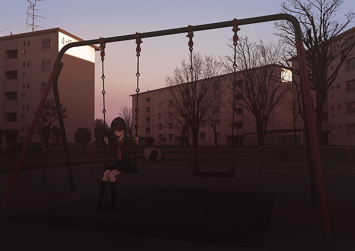 anime girls, playground, alone, HD wallpaper