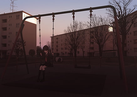 аниме девушки, детская площадка, одни, HD обои HD wallpaper
