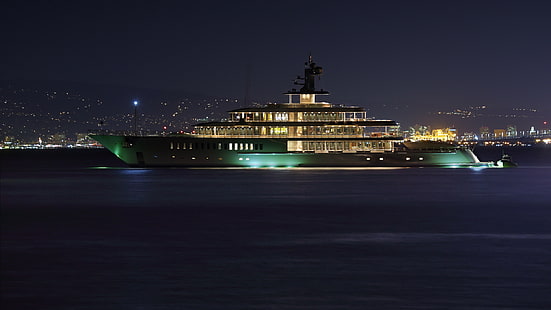 biały statek wycieczkowy, morze, noc, miasto, miasto, wieczór, jacht, jachty, super jacht, superyacht, mega jacht, łódź., Tapety HD HD wallpaper