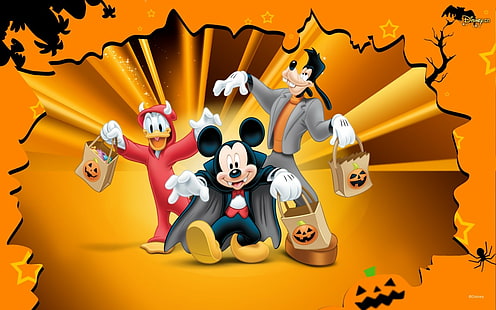 Halloween, Disney, orange, Donald Duck, Mickey Mouse, Goofy, HD wallpaper HD wallpaper