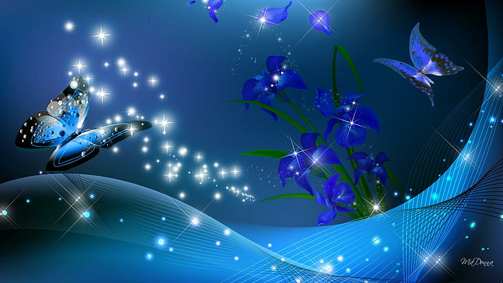 Iris So Blue, stars, bright, flowers, sparkle, spring, waves, iris, blue, butterflies, glow, 3d and abstract, HD wallpaper