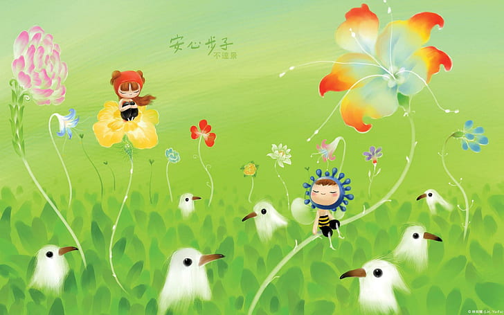 Pixie L, flor de texto kanje com personagem de desenho animado de bebê e ilustração de pássaro, resumo, história, crianças, fantasia, 3d e abstrato, HD papel de parede