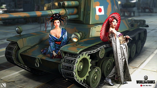 paraply, flickor, figur, katana, konst, samurai, tank, asiatiska flickor, japanska, genomsnitt, World of Tanks, Nikita Bolyakov, Chi Nu Kai, HD tapet HD wallpaper