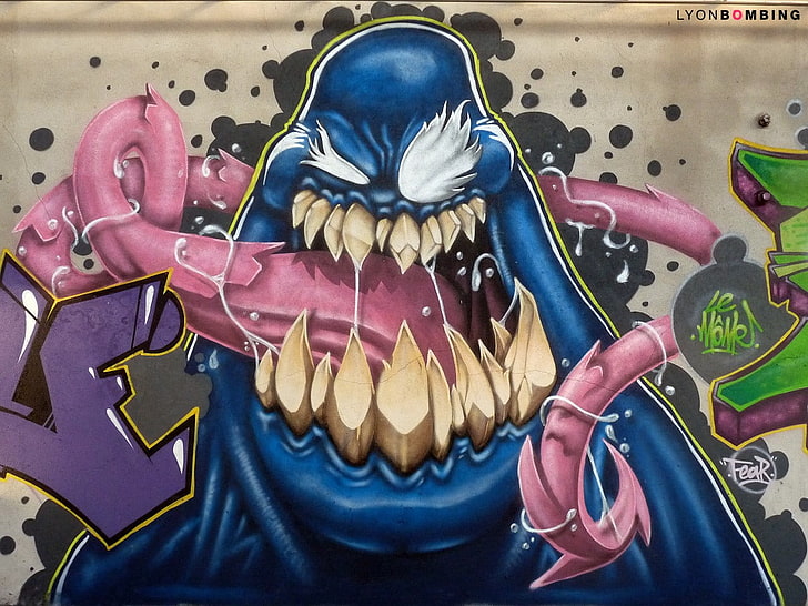 blue monster with long tongue graffiti artwork, graffiti, Venom, wall, HD wallpaper