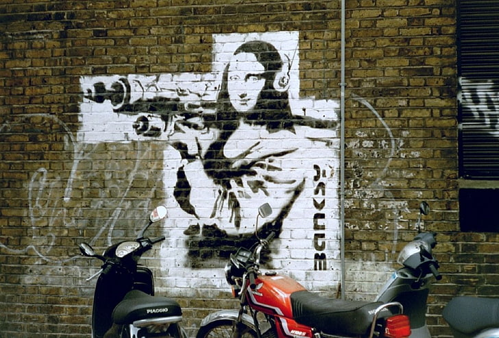 Banksy, Graffiti, Beton, Granatwerfer, Fahrzeug, städtisch, Wand, Straßenkunst, HD-Hintergrundbild