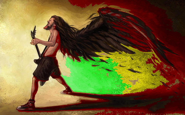 Dimebag Darrell HD, painting of a man holding a guitar with wings, music, dimebag, darrell, HD wallpaper