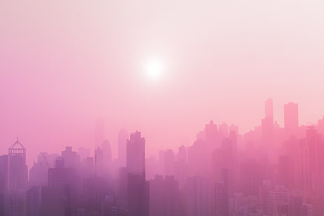 Solig dag, skyskrapor, rosa, urban, 4K, HD tapet HD wallpaper