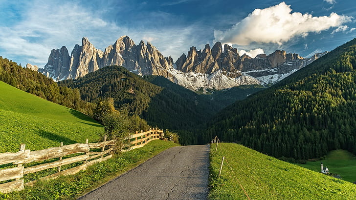 İtalya, Funes Vadisi, yol, Dağ sırası, dağ, çöl, dağ yolu, Yol, Alpler, vadi, Geislergroep, Güney tyrol, Seiser alm, Bolzano, HD masaüstü duvar kağıdı