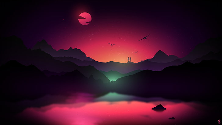 silueta de montañas bajo fondo de pantalla digital de cielo rojo, montañas, silueta, lago, luna, pájaros, roca, reflexión, pareja, noche, estrellas, borrosa, brillante, viñeta, Fondo de pantalla HD