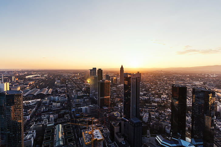 city buildings during sunset in aerial photography, frankfurt, frankfurt, Frankfurt, city, buildings, sunset, aerial photography, clouds, skyline, germany, canon  eos, dslr, 700d, architecture, flare, lensflare, cityscape, urban Skyline, skyscraper, downtown District, urban Scene, famous Place, tower, dusk, business, building Exterior, aerial View, office Building, night, built Structure, HD wallpaper