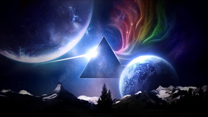 Prados, montañas, música, estrellas, planeta, espacio, triángulo, Pink Floyd, arte, prisma, roca, lado oscuro de la luna, el lado oscuro de la luna, prisma triangular, Fondo de pantalla HD