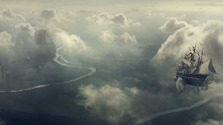 เรือเหาะเรือหินเดสก์ท็อปแม่น้ำท้องฟ้าธรรมชาติแม่น้ำศิลปะ HD บินเรือแม่น้ำเรือหินเดสก์ทอป, วอลล์เปเปอร์ HD
