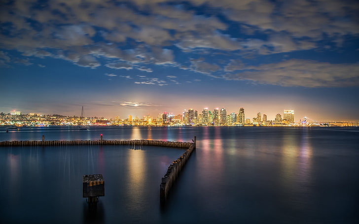 خلفيات سان دييغو خليج في الليل المدن HD، خلفية HD