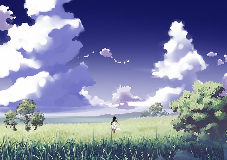 female anime character in the middle of open field, anime, landscape, nature, clouds, sky, HD wallpaper