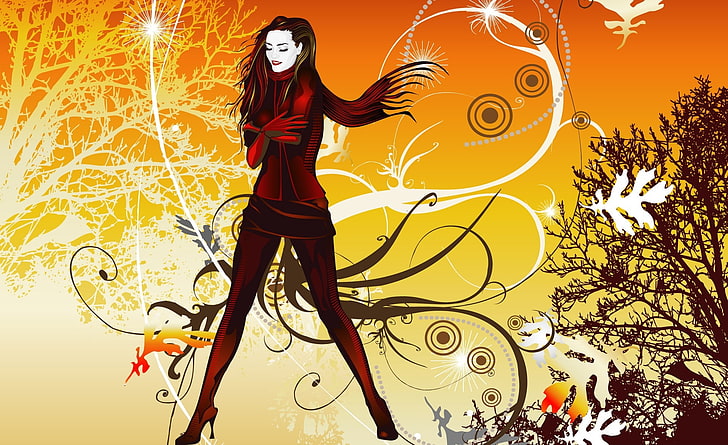 Autumn Girl Vector, standing woman in red suit digital wallpaper, Aero, Vector Art, Vector, Girl, Autumn, HD wallpaper