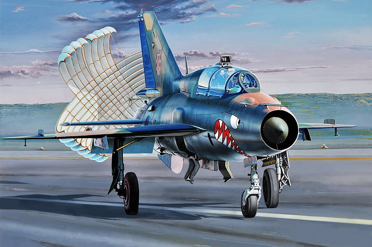 Иллюстрация самолета, самолет, истребитель, арт, художник, посадка, боевой, многоцелевой, советский, МиГ-21, мир, выпущенный, тормоз, сверхзвуковой, общий, самолет, стал, во-первых, серединой 1950-х годов.парашют, дельта крыло, даниэль фусс о., HD обои
