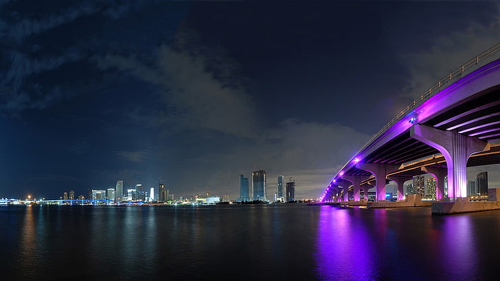 jembatan beton abu-abu, lanskap kota, kota, perkotaan, jembatan, lampu, kaki langit, Miami, Florida, Miami Beach, Wallpaper HD