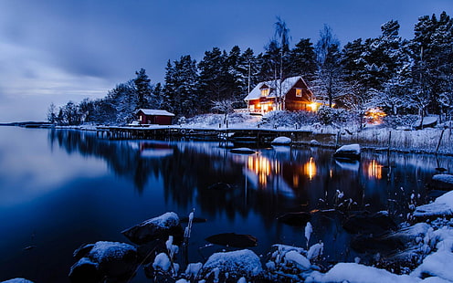 bosque, invierno, lago, paisaje, Fondo de pantalla HD HD wallpaper