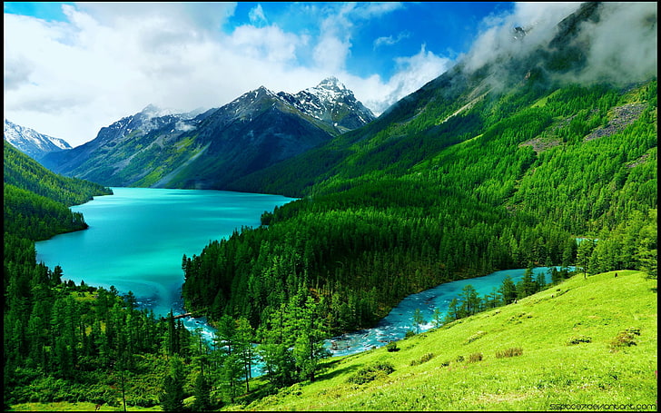 mountain and river, mountains, lake, HD wallpaper