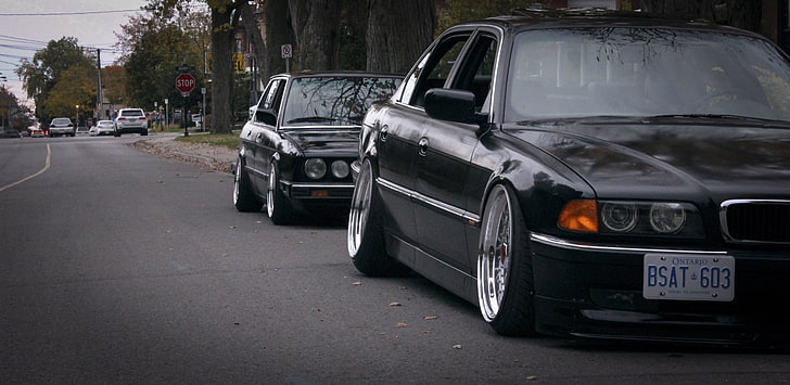 schwarze BMW Limousine, BMW, Tuning, Stand, E28, E38, HD-Hintergrundbild