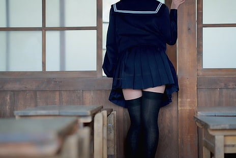 Японски жени, моряшка униформа, високи бедра, zettai ryouiki, класна стая, жени, фетиш, HD тапет HD wallpaper