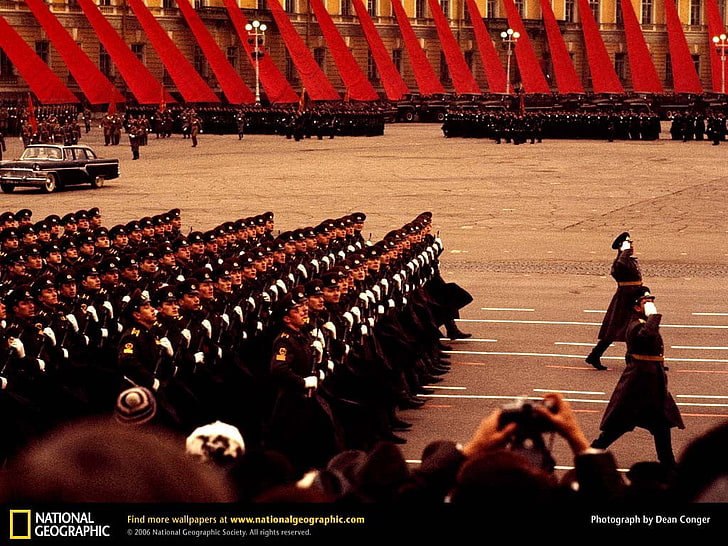 soldiers marching on field by National Geographic photo, parade, Soviet Union, USSR, National Geographic, soldier, military, HD wallpaper