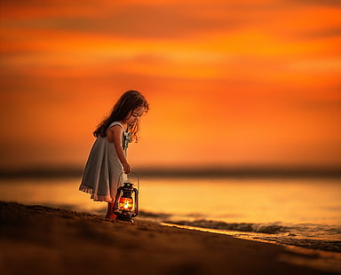 Фотография, ребенок, пляж, милый, фонарь, маленькая девочка, закат, HD обои HD wallpaper