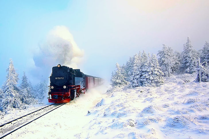 красно-чёрный поезд, зима, лес, снег, поезд, паровоз, HD обои