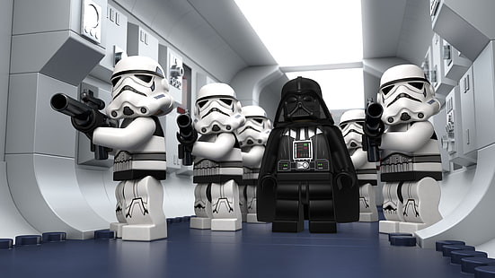 Darth Vader and Stormtroopers Lego mini figures, Star Wars, LEGO Star Wars, Darth Vader, stormtrooper, render, CGI, Sith, LEGO, 3D, digital art, Galactic Empire, HD wallpaper HD wallpaper