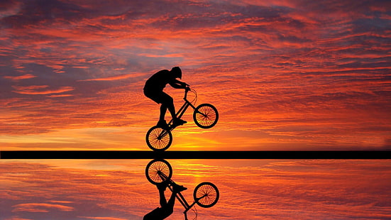 silhouette photography of person riding BMX bike, bicycle, Wheelie, silhouette, mirrored, sunset, HD wallpaper HD wallpaper