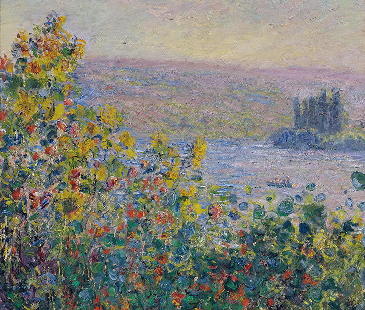 paysage, fleurs, image, Claude Monet, parterres de fleurs à Vetheuil, Fond d'écran HD