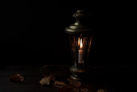 black candle lantern, candle, night, lamp, HD wallpaper HD wallpaper