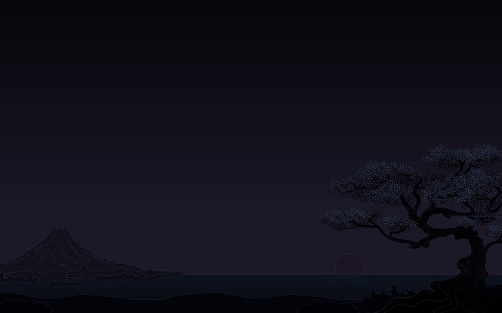 árbol cerca del volcán pintura, oscuro, minimalismo, cerezos, puesta de sol, montañas, Fondo de pantalla HD