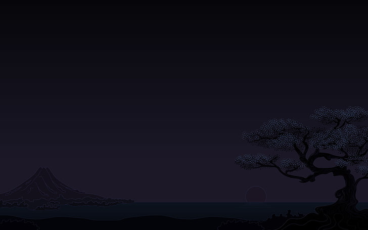 minimalismo, oscuro, puesta de sol, cerezos, montañas, Fondo de pantalla HD