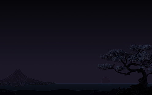 minimalism, dark, sunset, cherry trees, mountains, HD wallpaper HD wallpaper
