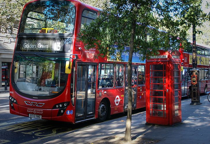 röd, stad, staden, gata, vy, England, London, panorama, buss, arkitektur, fotografi, Storbritannien, foto, telefonbås, telefon, röd buss, telefonbås, unitedkingdom, HD tapet