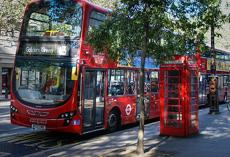 czerwony, miasto, miasto, ulica, widok, Anglia, Londyn, panorama, autobus, architektura, fotografia, Wielka Brytania, zdjęcie, budka telefoniczna, telefon, czerwony autobus, budka telefoniczna, unitedkingdom, Tapety HD HD wallpaper