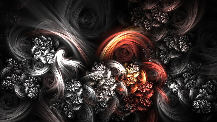 orange, black, and gray floral digital wallpaper, abstract, fractal, shapes, flowers, digital art, HD wallpaper